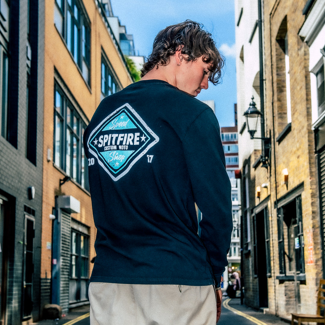 Custom Moto Faded Black Long Sleeve T-Shirt | Spitfire Speed Shop
