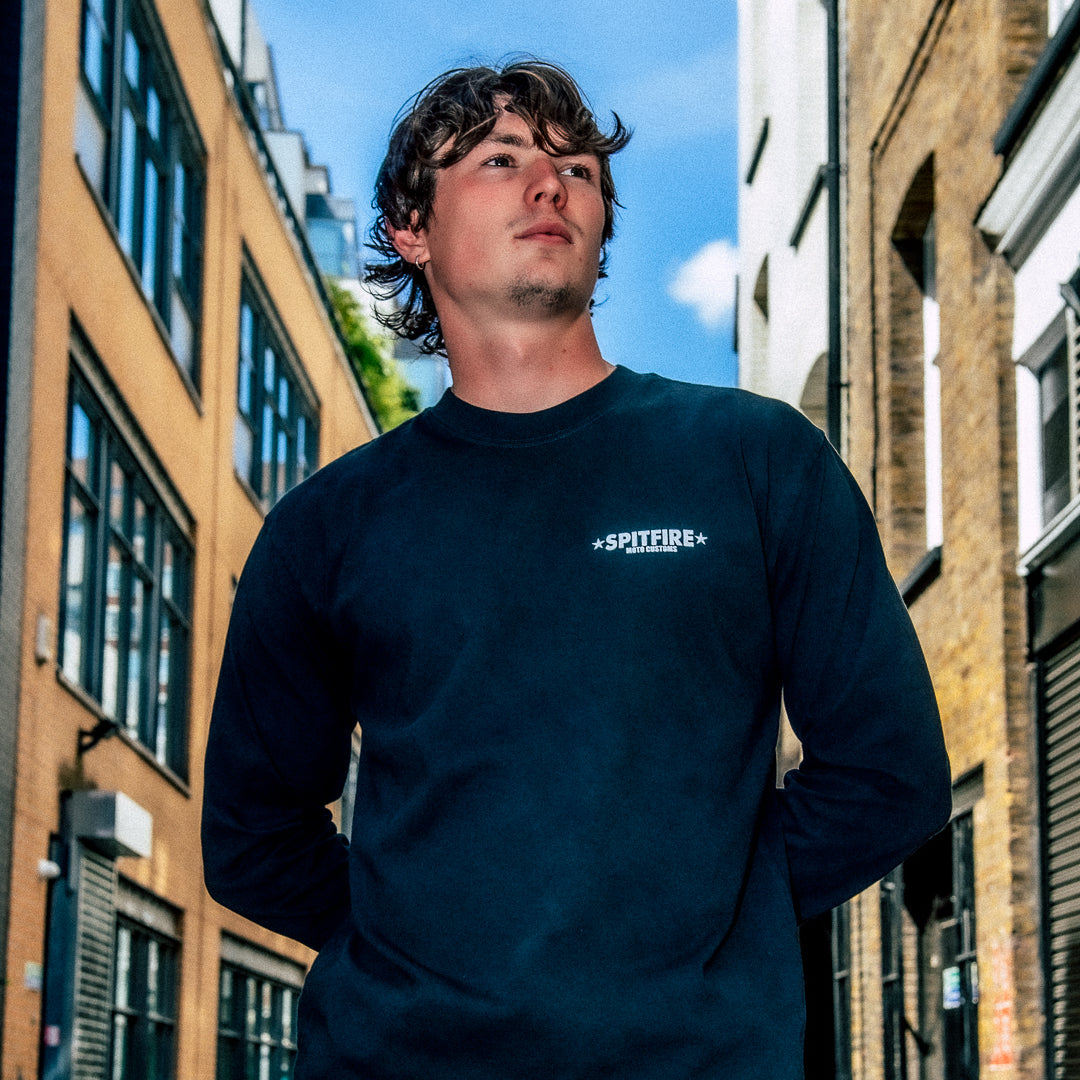 Custom Moto Faded Black Long Sleeve T-Shirt | Spitfire Speed