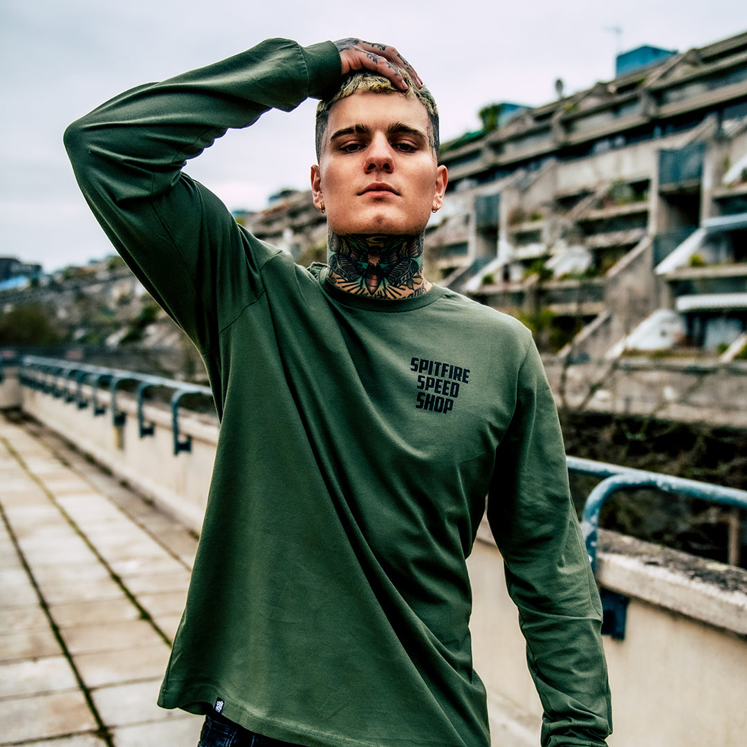 Spitfire Khaki Green Long Sleeve T-Shirt With Black Logo