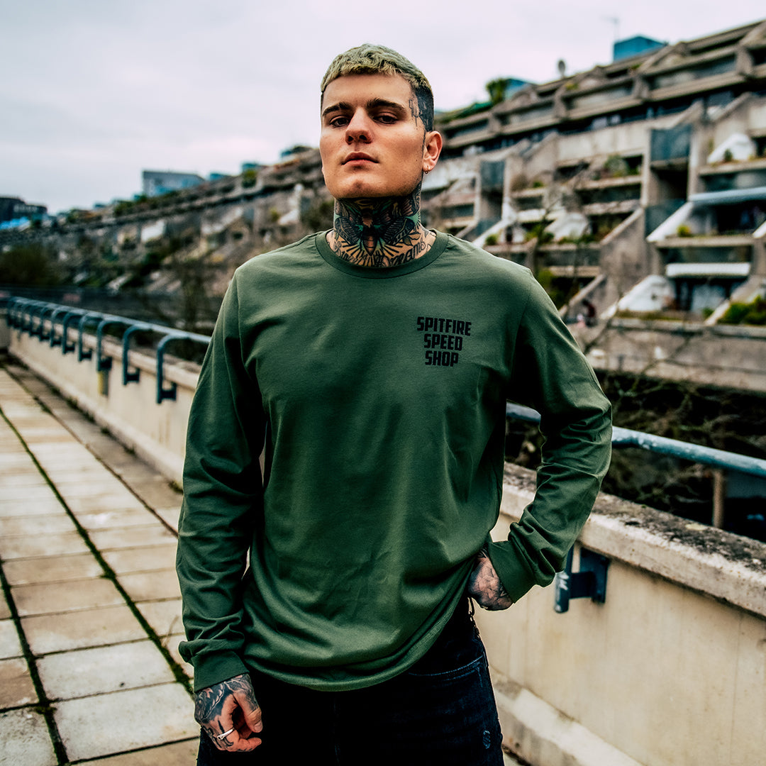 Spitfire Khaki Green Long Sleeve T-Shirt With Black Logo