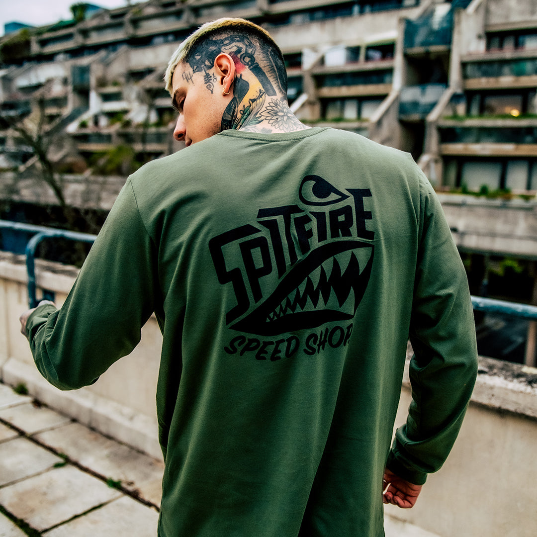 Spitfire Khaki Green Long Sleeve T-Shirt With Black Logo