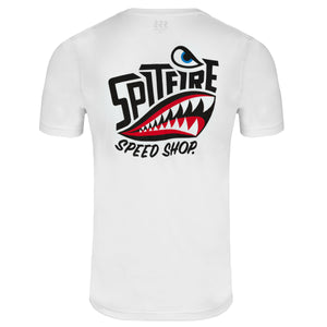 white spitfire speed shop surf T-Shirt with large full colour screen printed logo on the back