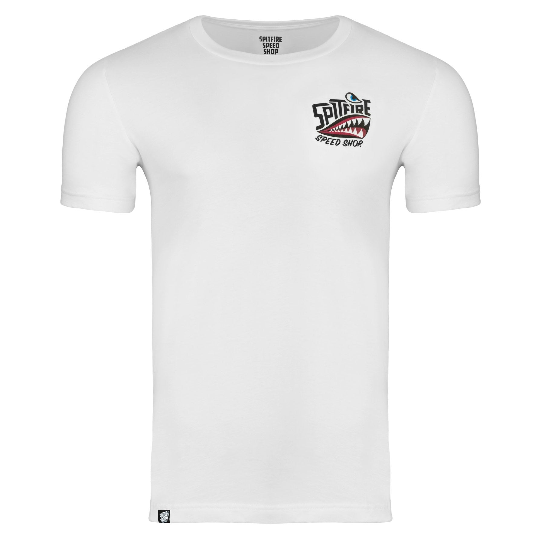 White Spitfire Speed Shop T- shirt with front left pocket small full colour logo