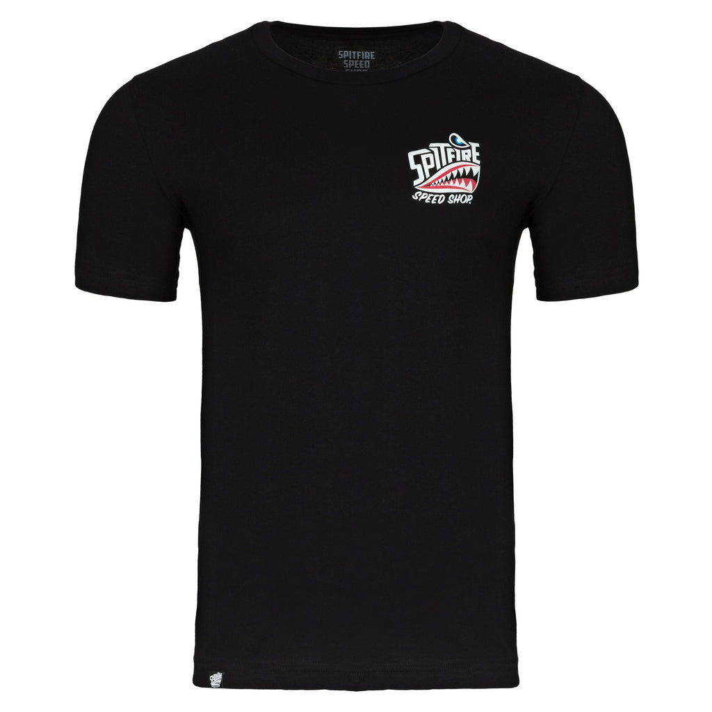Black Spitfire Speed Shop T-shirt with front left pocket small full colour logo